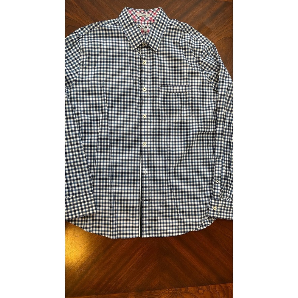 Express Fitted Mens XL 17-17.5 Blue White Gingham Cotton Button Down Shirt